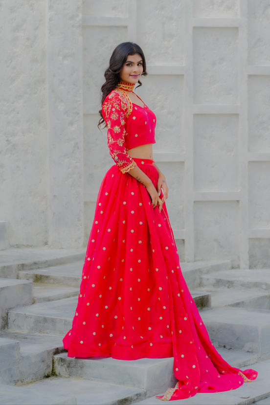 Scarlet Red Hand Embroidered Georgette Lehenga
