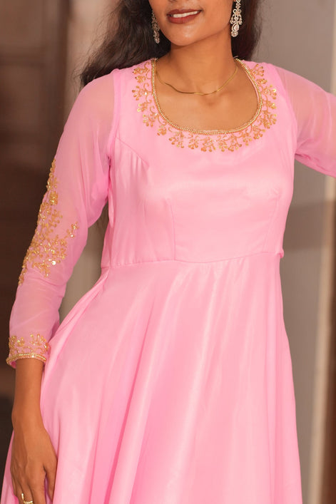 Pink Hand Embroidery Georgette Anarkali