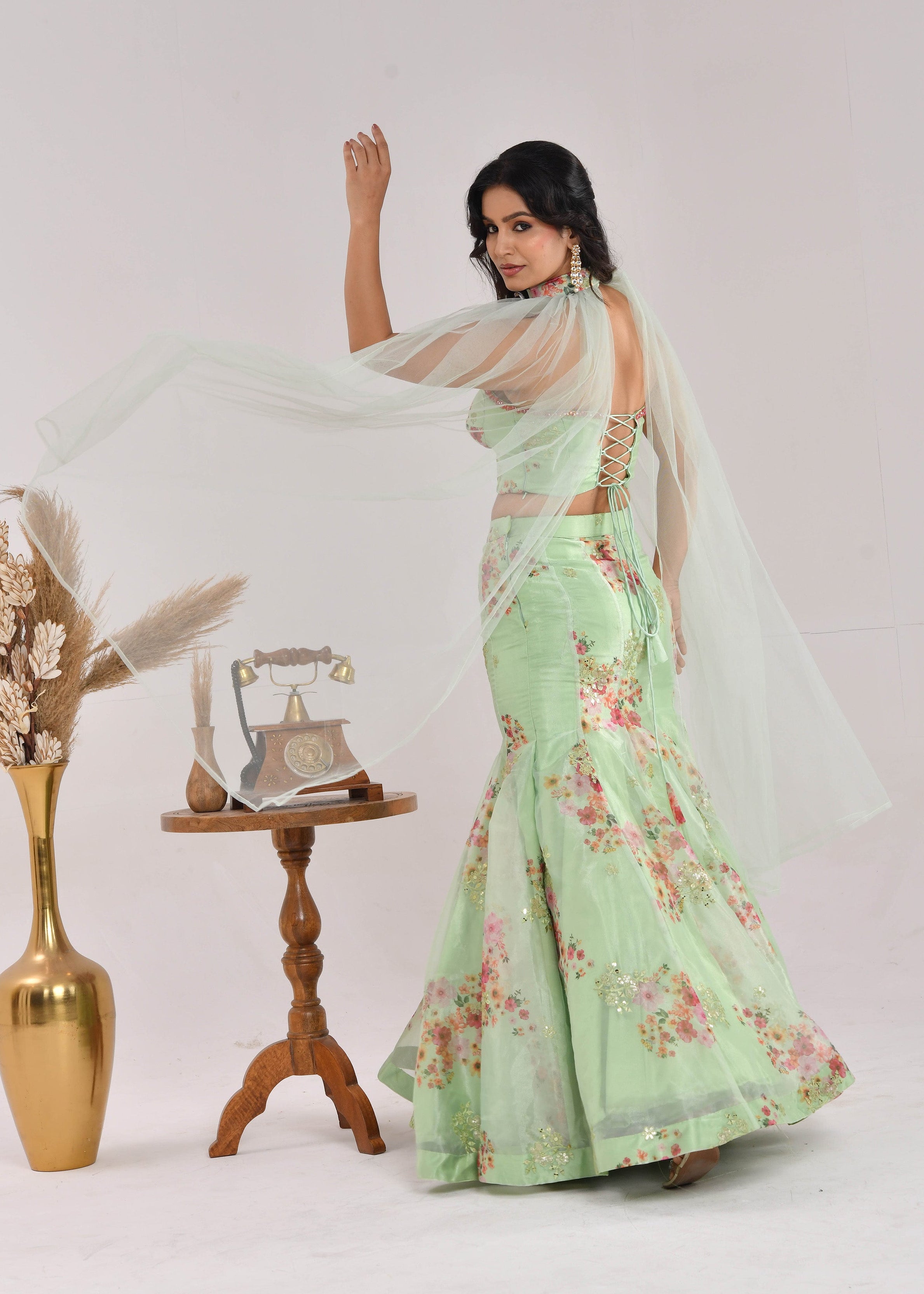 Mint Green Floral Hand-Embroidered Glass Tissue Fishcut Lehenga