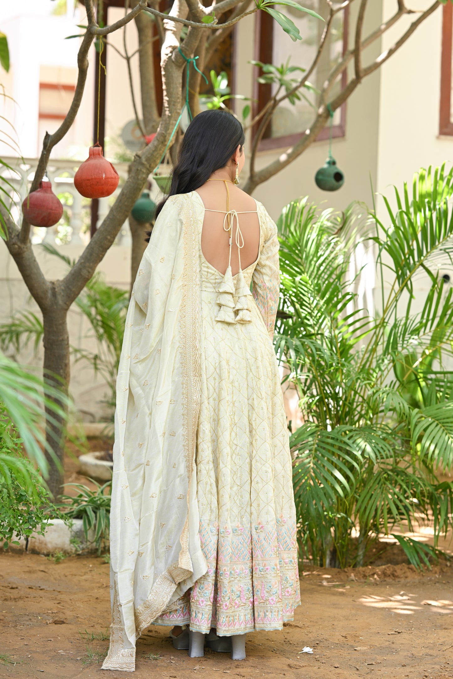 Beige Multicolor Floral Embroidered Silk Anarkali