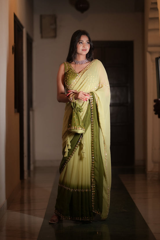 Light Green and Moss Green Hand Embroidered Georgette Saree