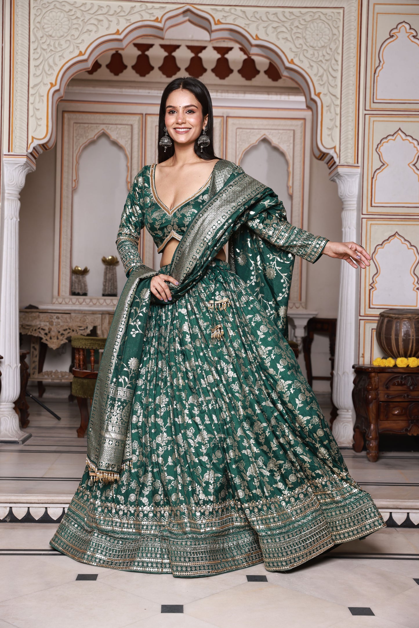 Dark Green Embroidered Silk Lehenga