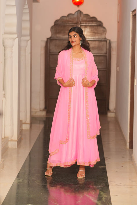 Pink Hand Embroidery Georgette Anarkali