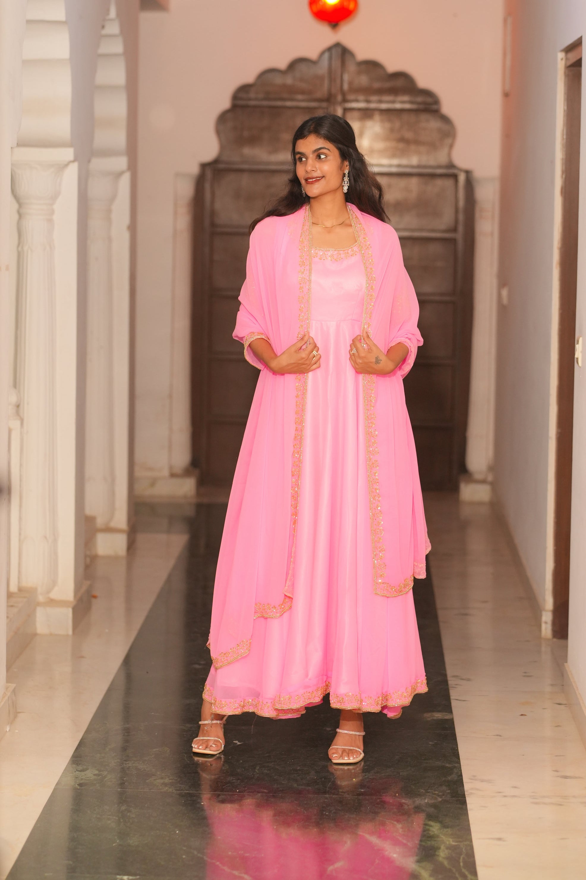 Pink Hand Embroidery Georgette Anarkali
