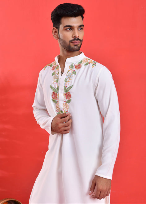 White Floral Hand-Embroidered Japanese Satin Kurta Set