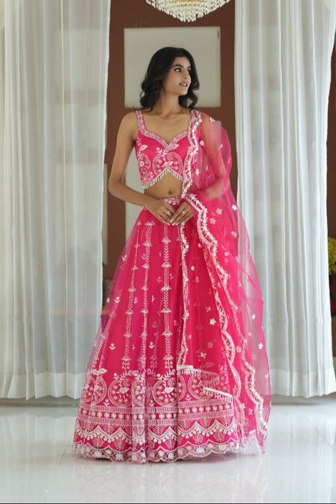 Pink Thread Embroidered Net Lehenga