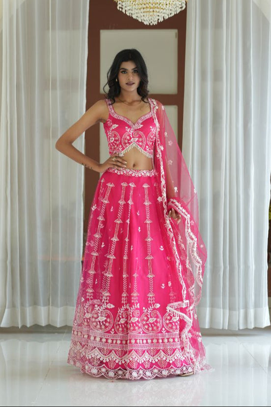 Pink Thread Embroidered Net Lehenga