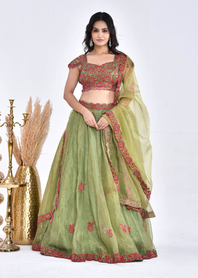 Olive Green Hand-Embroidered Silk Lehenga