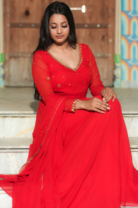 Red Handwork georgette Anarkali