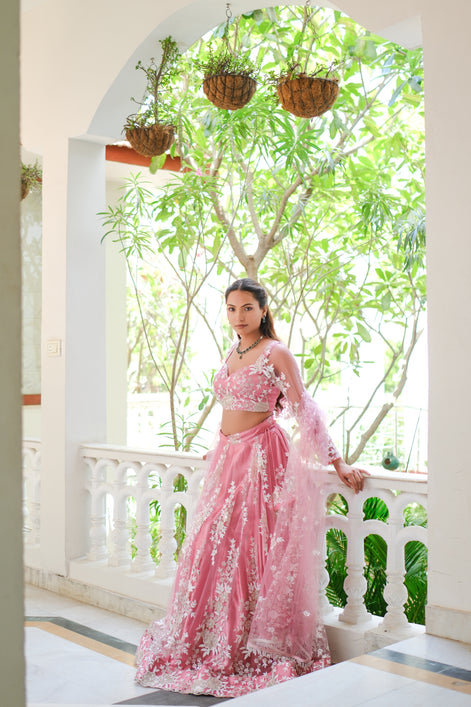 Pink Sparkle Embroidered Net Lehenga
