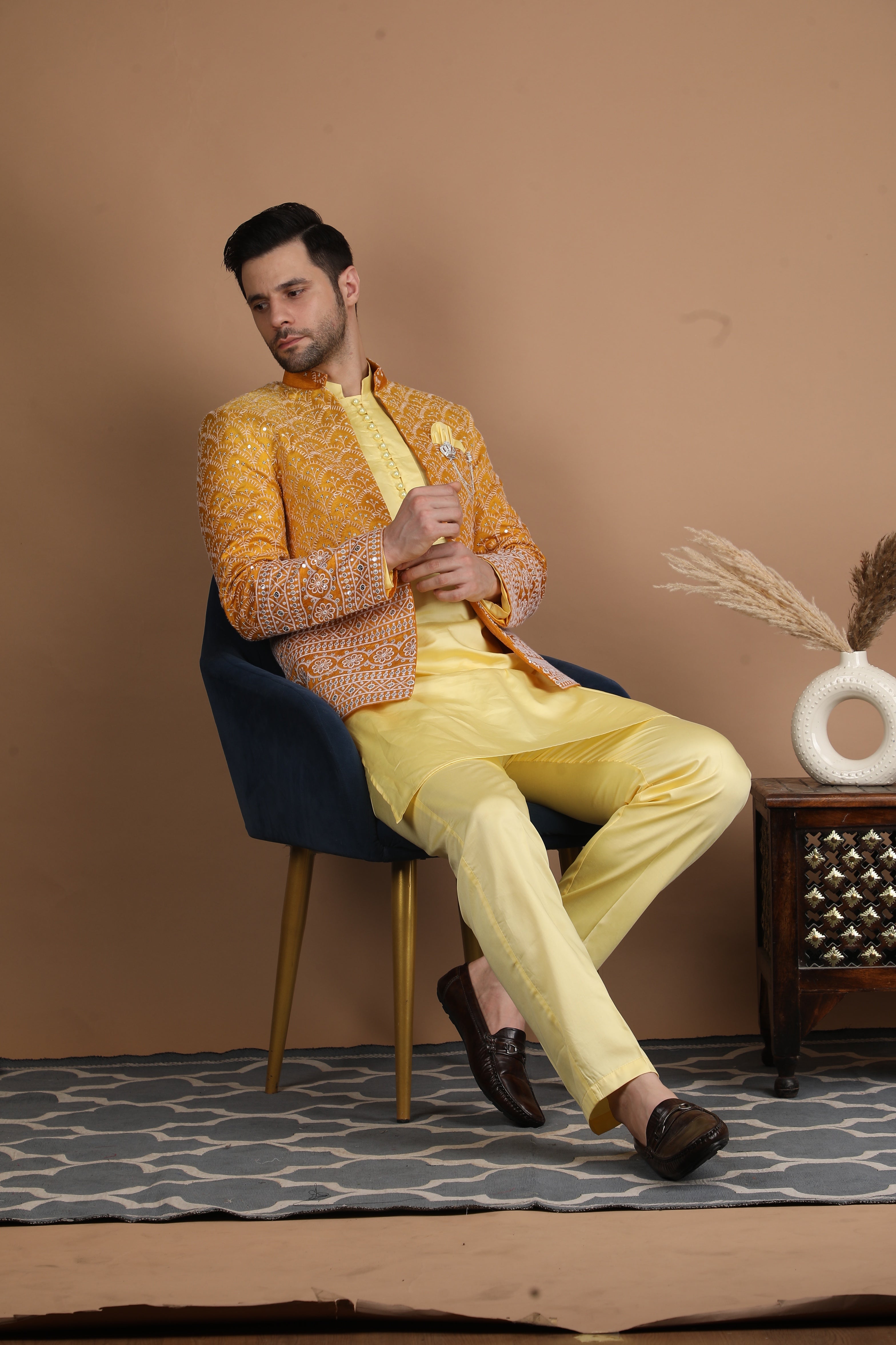 Yellow and Gold Silk Nehru Jacket Set
