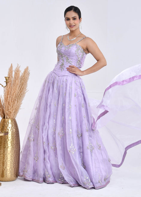 Lavender Hand-Embroidered Organza Lehenga