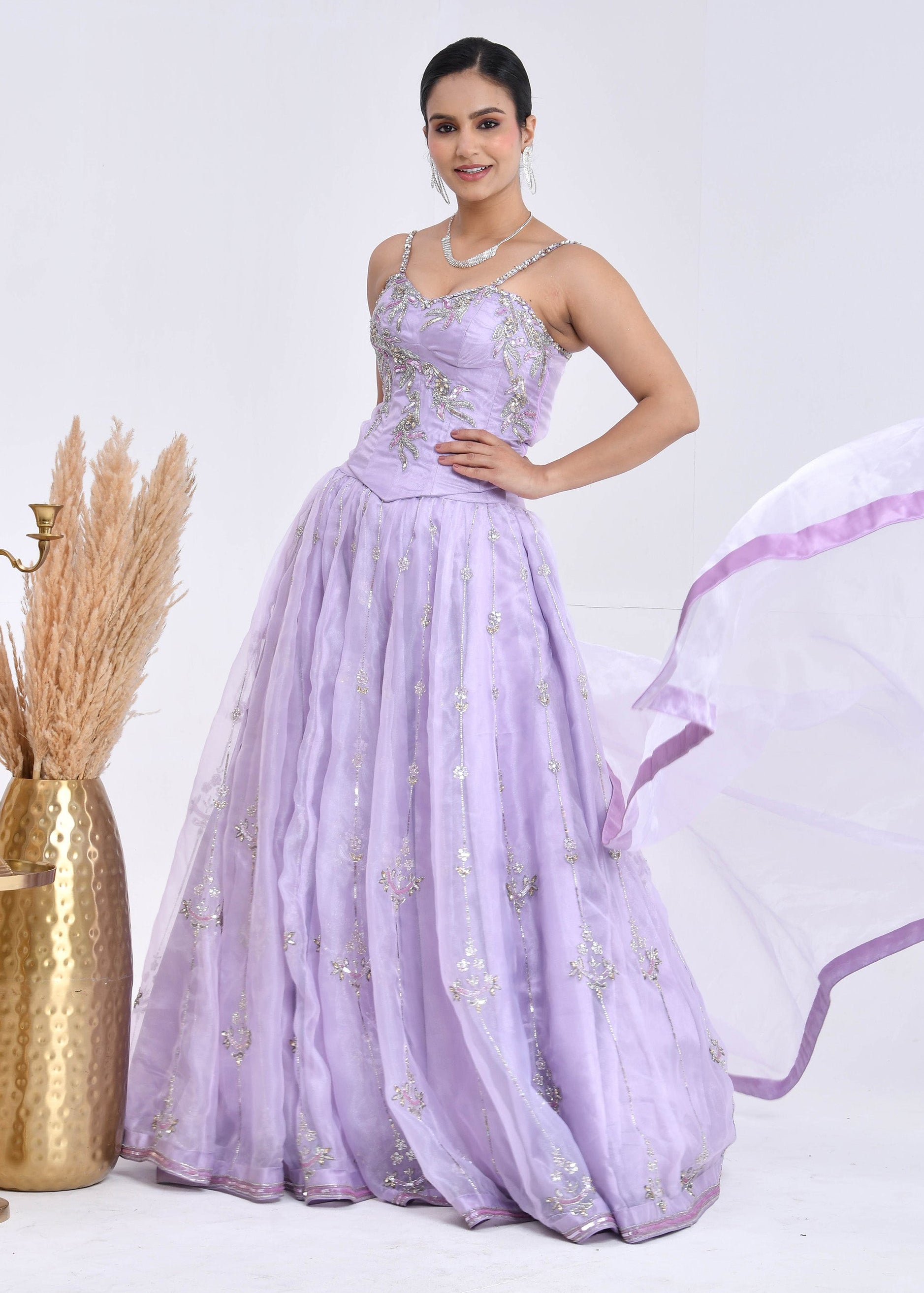Lavender Hand-Embroidered Organza Lehenga