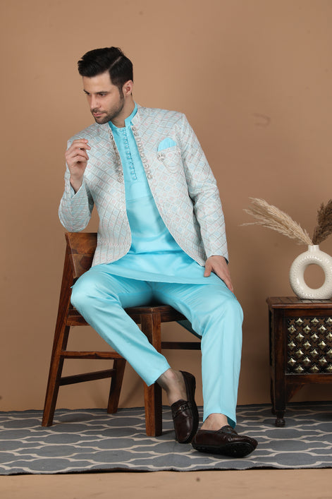 Aqua Blue Silk Nehru Jacket Set