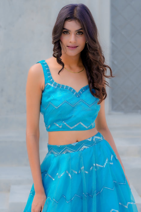 Sky Blue Embroidered Chiffon Lehenga