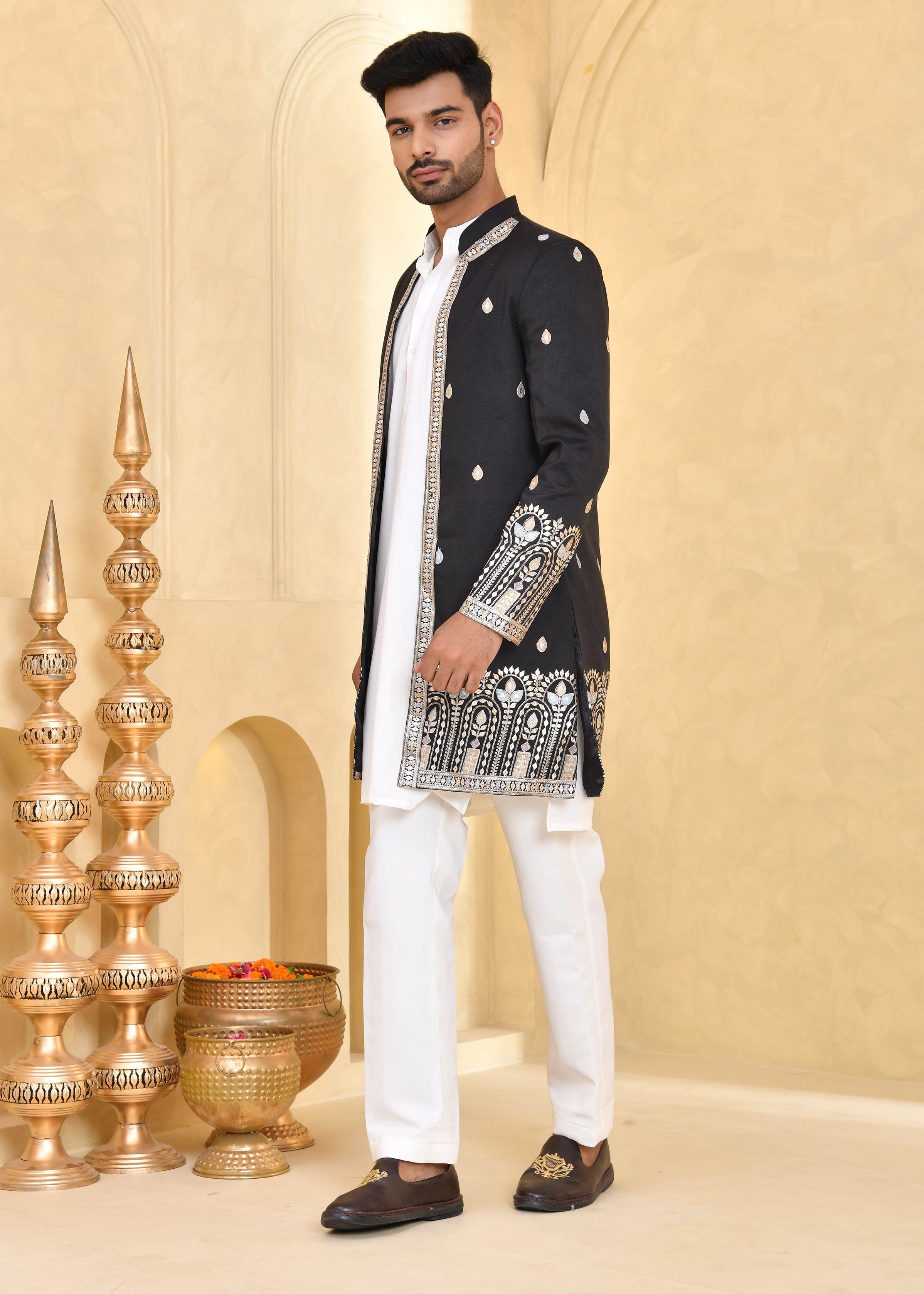 Black Embroidered Raw Silk Indo-Western Jacket Set
