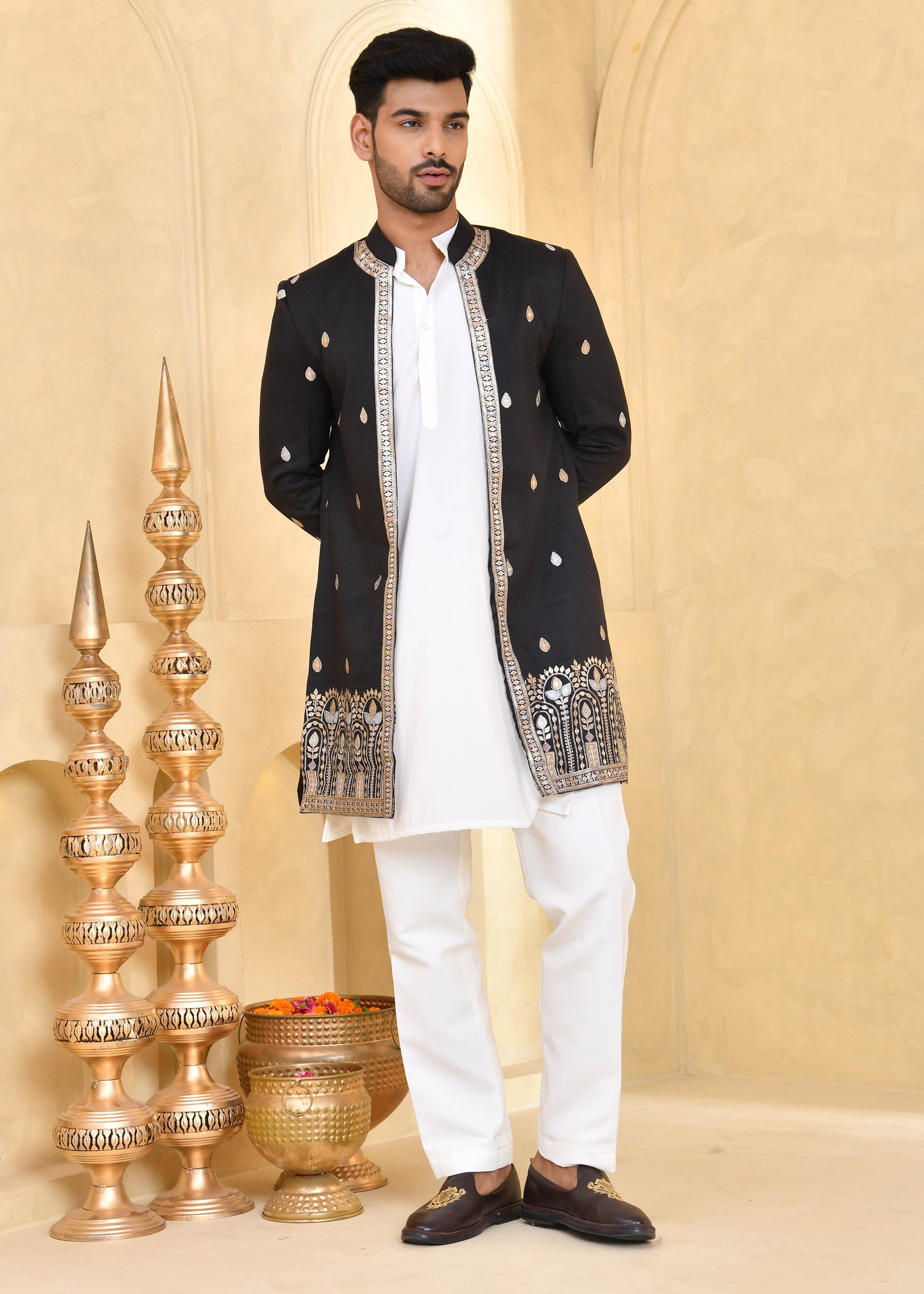 Black Embroidered Raw Silk Indo-Western Jacket Set