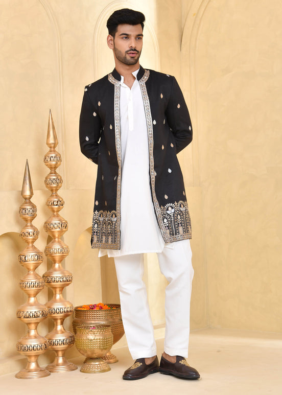 Black Embroidered Raw Silk Indo-Western Jacket Set
