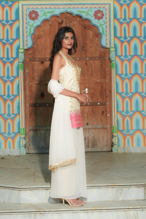Cream Dual-Tone Hand Embroidered Banarasi Silk Palazzo Suit