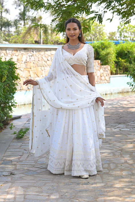 White and Beige Thread Patterned Embroidered Georgette Lehenga