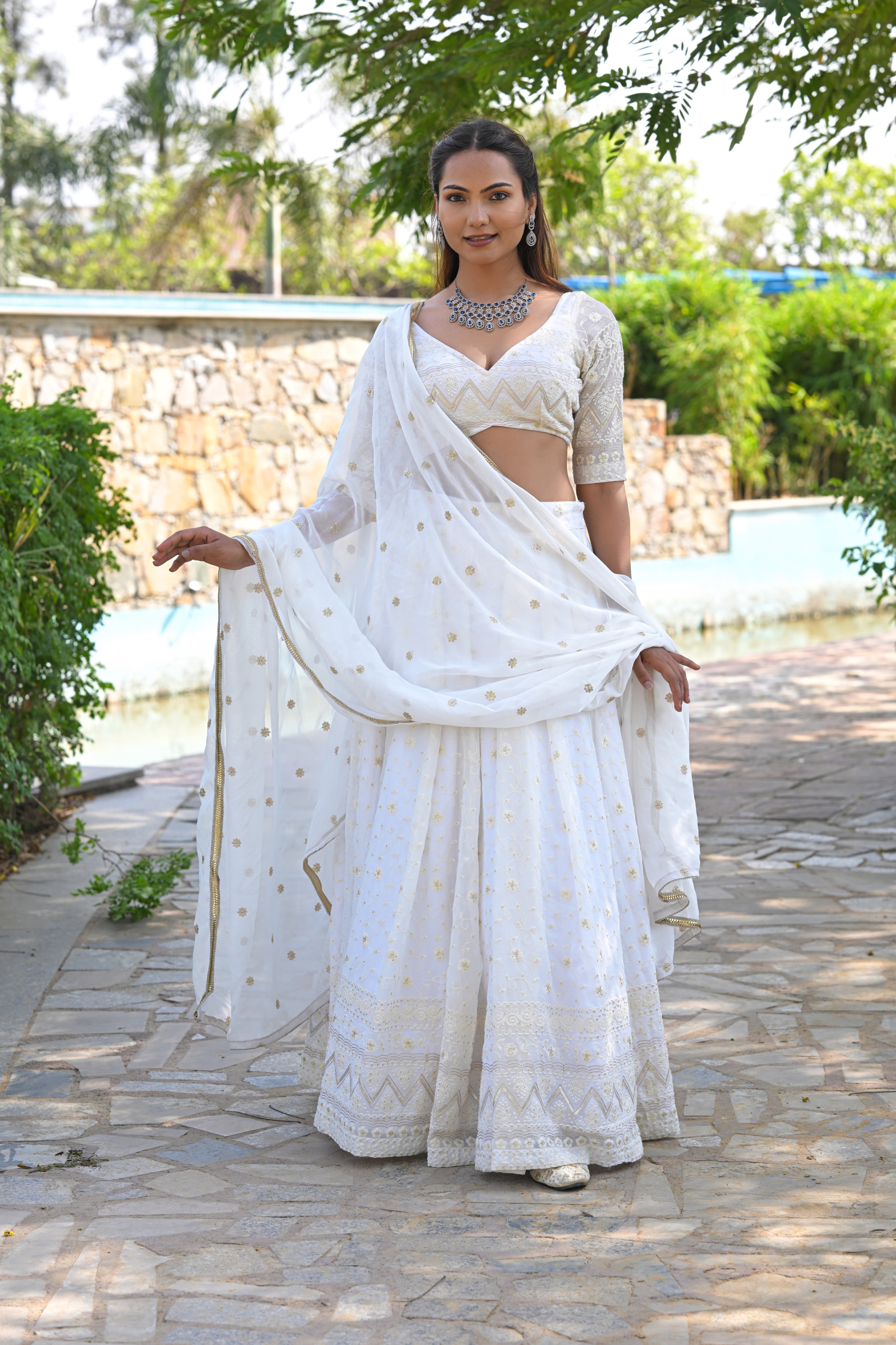 White and Beige Thread Patterned Embroidered Georgette Lehenga