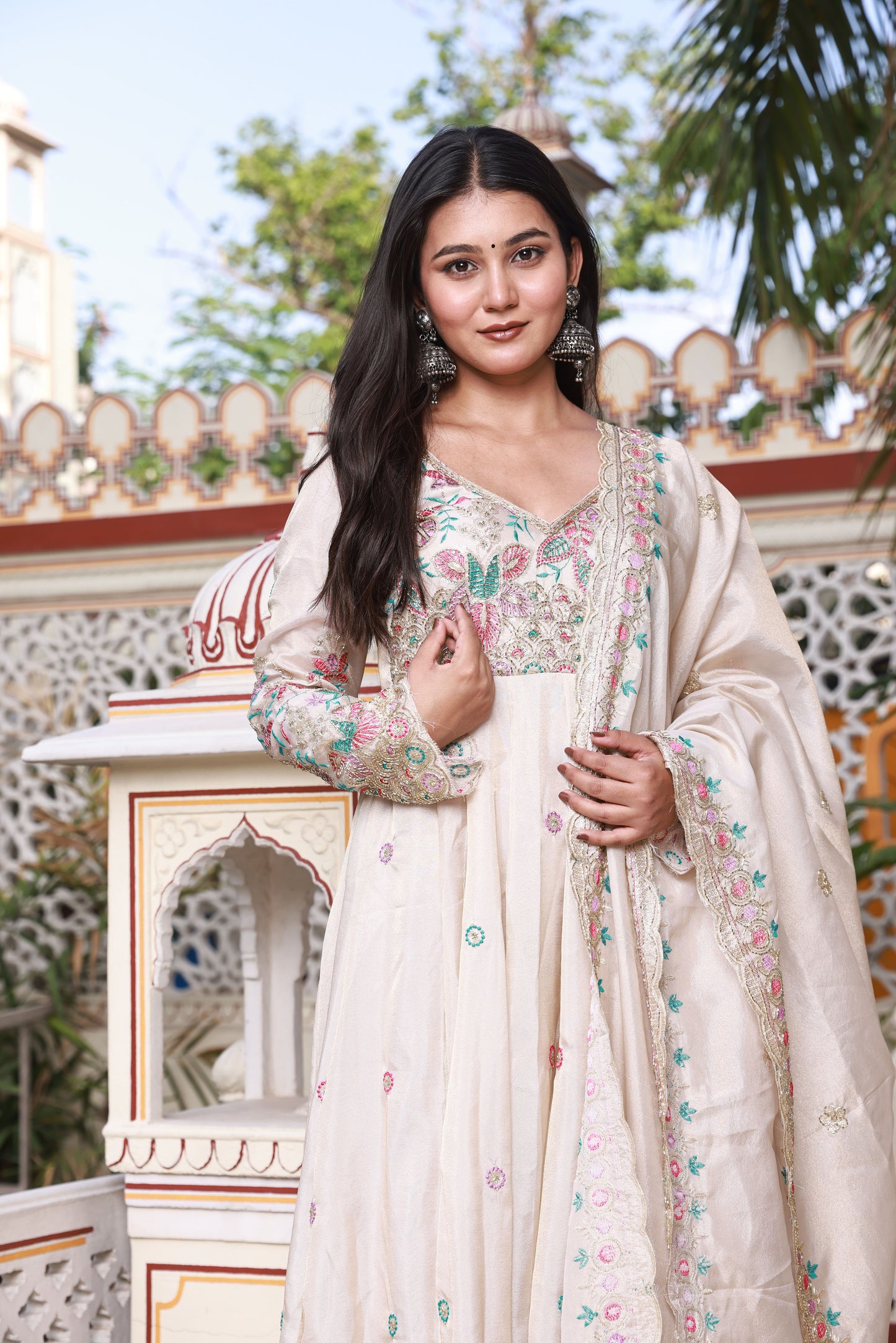 Light Beige Floral Hand-Work Crepe Silk Gown