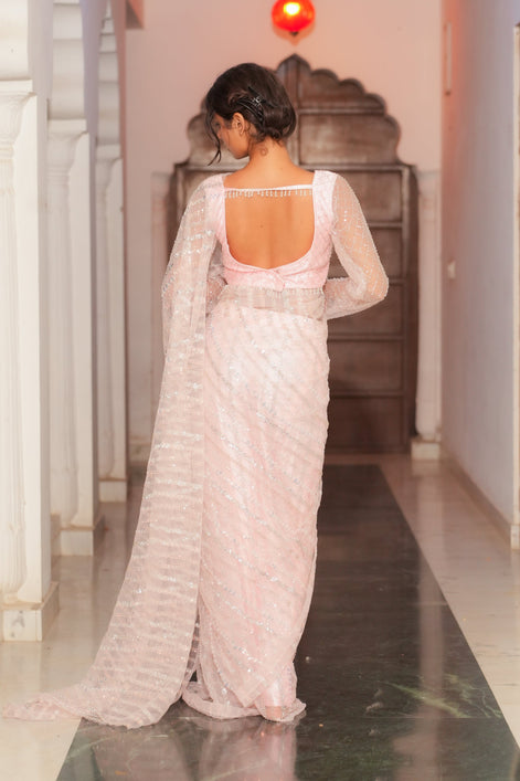 Light Pink Hand Embroidered Net Saree