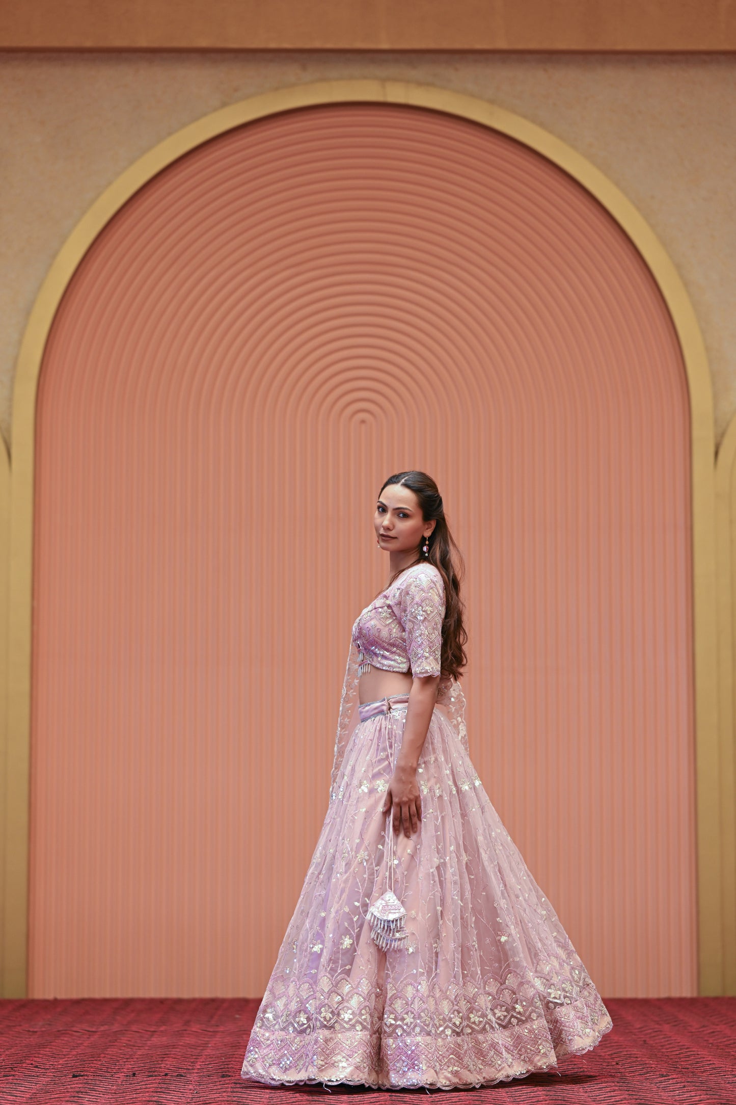 Light Pastel Pink Embroidered Net Lehenga