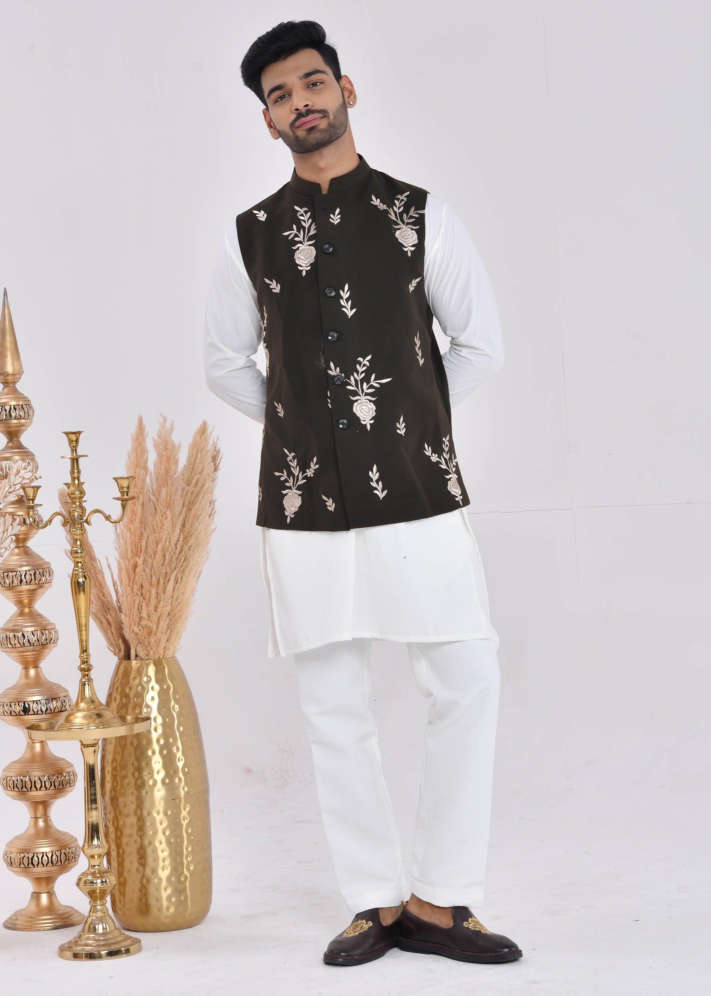 Dark Green Embroidered Raw Silk Nehru Jacket Set