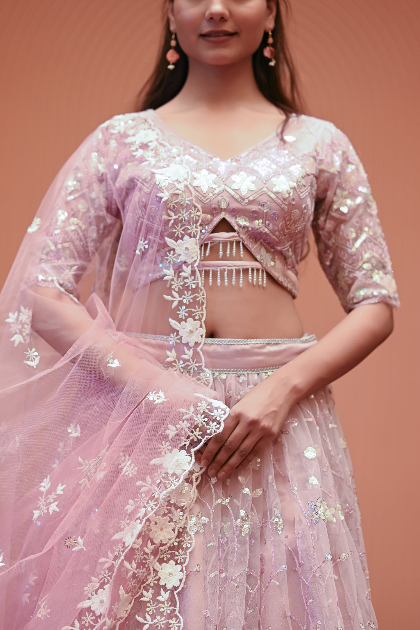 Light Pastel Pink Embroidered Net Lehenga