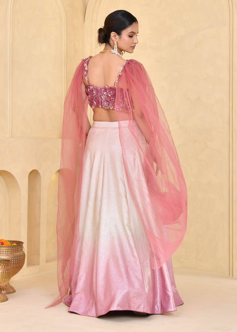 Tricolor Hand-Embroidered Shimmer Lycra Lehenga