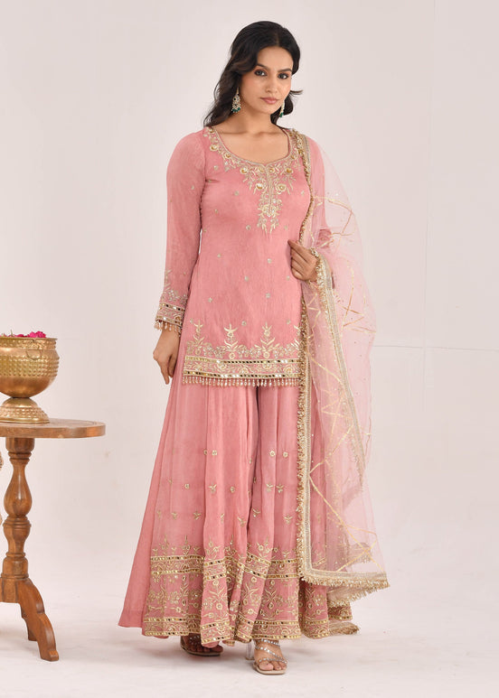 Dusty Peach Embroidered Satin Sharara Suit