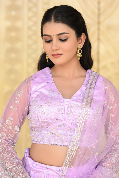 Lavender Pink Sparkle Embroidered Net Lehenga