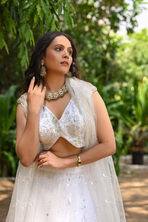 White Sparkle Embroidered Net Lehenga
