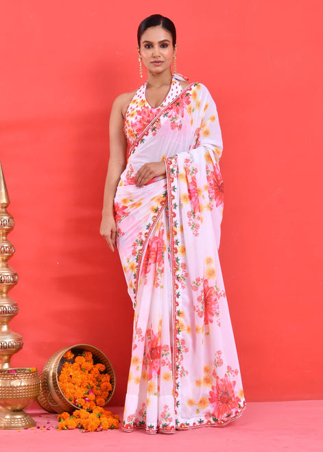 White Floral Hand-Embroidered Georgette Saree