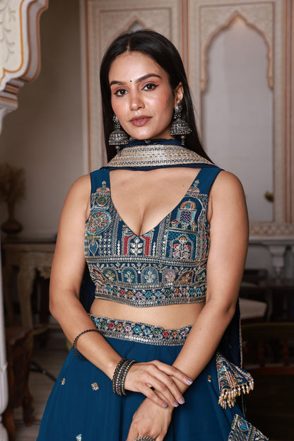 Navy Blue Embroidered Georgette Lehenga