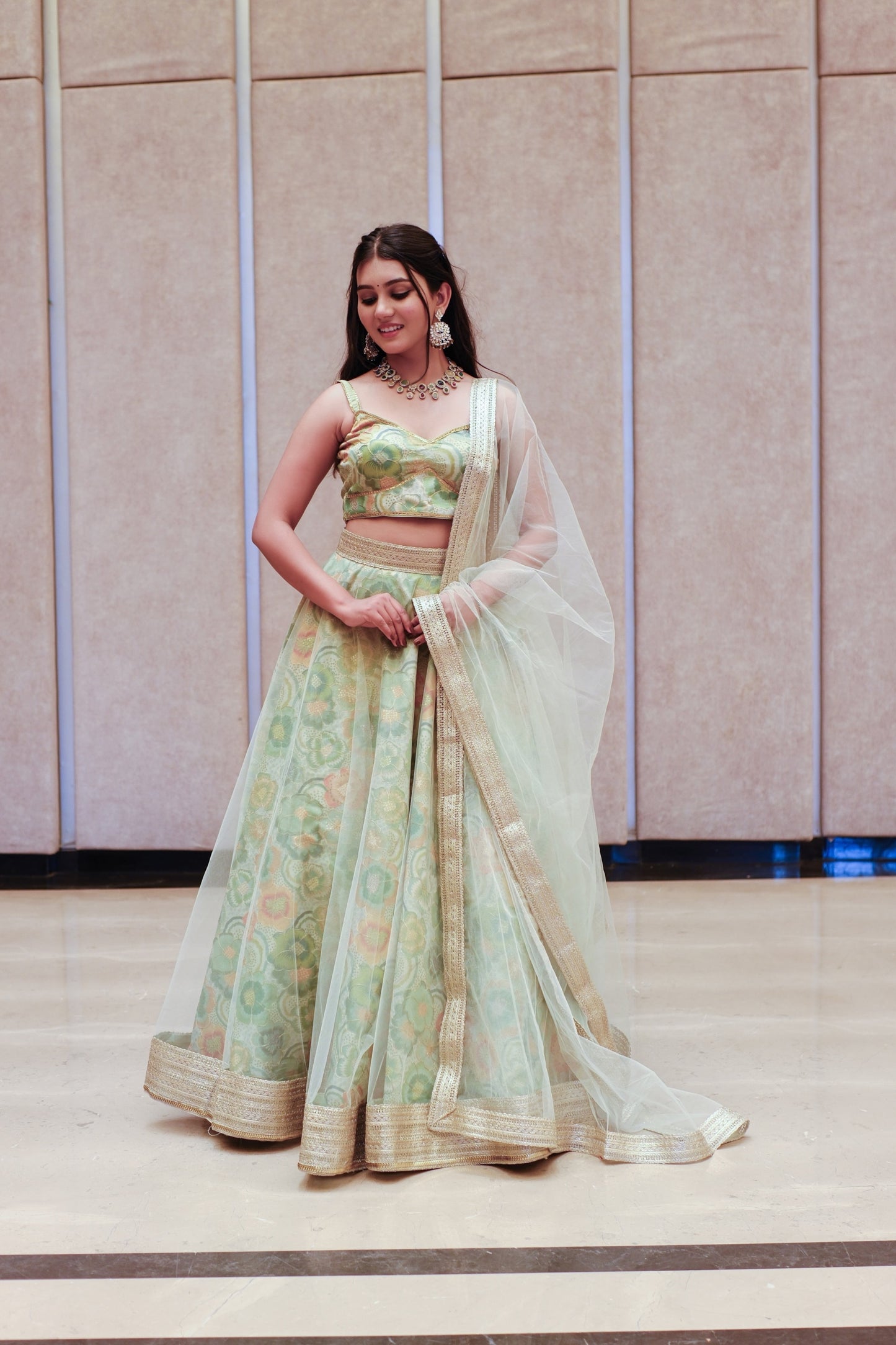 Mint Green Multicolor Floral Embroidered Net Lehenga