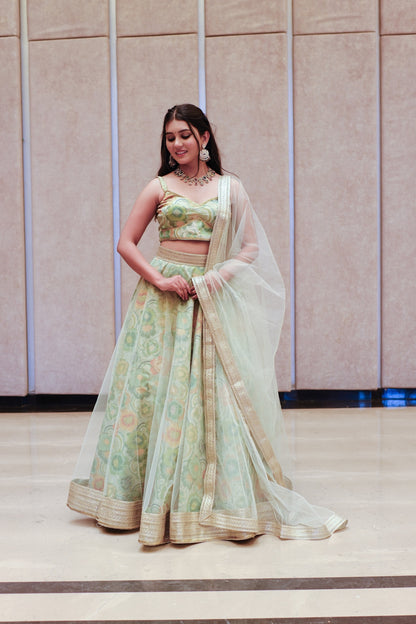 Mint Green Multicolor Floral Embroidered Net Lehenga