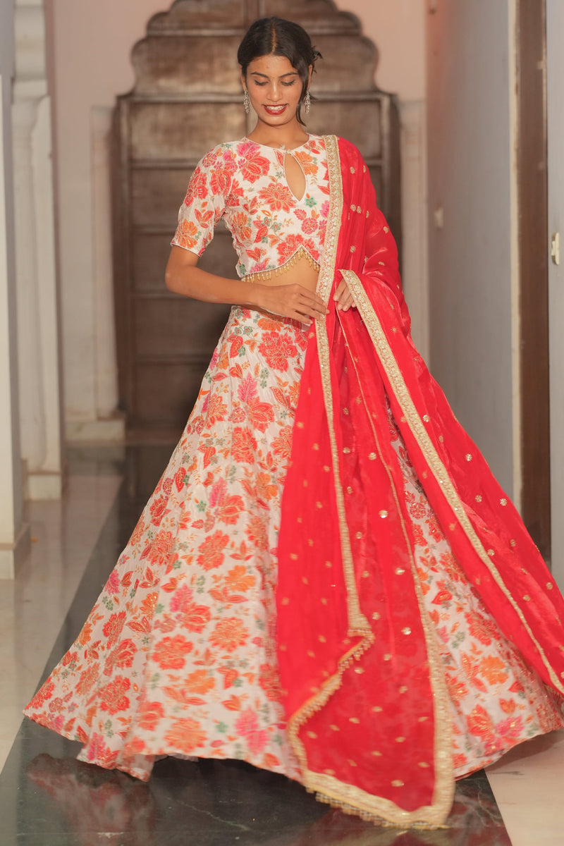 White Multicolor Floral Embroidered Silk Lehenga