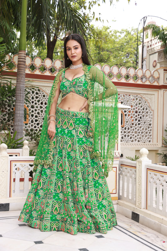Kelly Green Embroidered Silk Lehenga