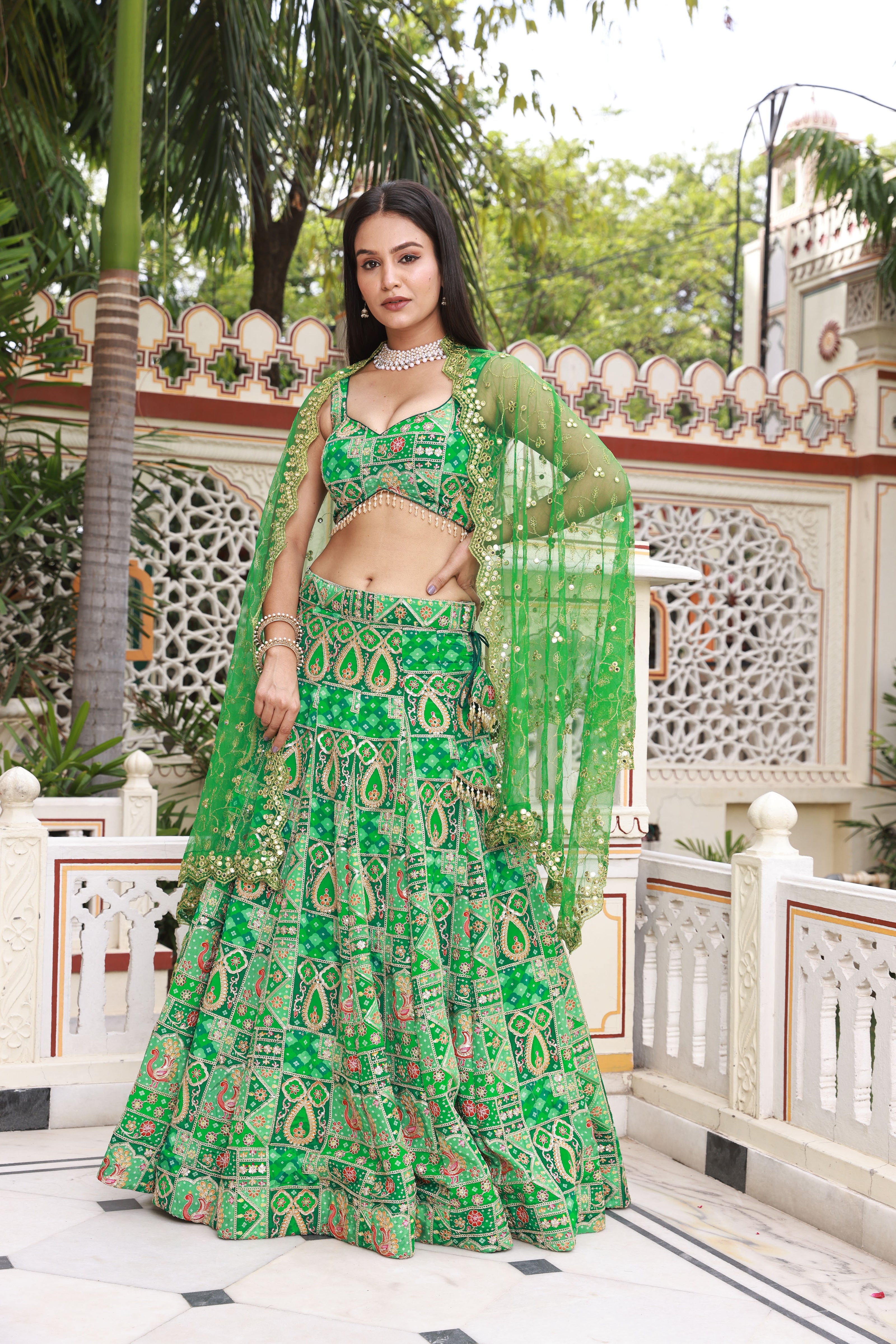 Kelly Green Embroidered Silk Lehenga