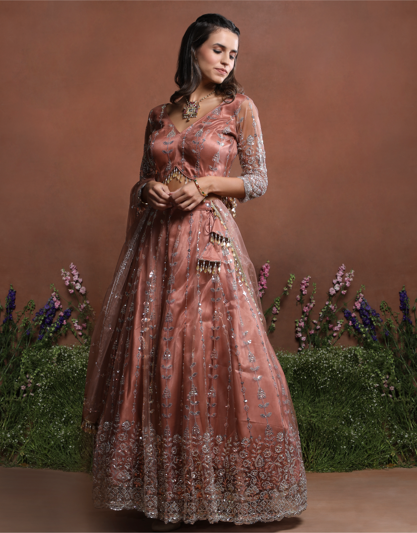 Dusty Rose Sparkle Embroidered Net Lehenga