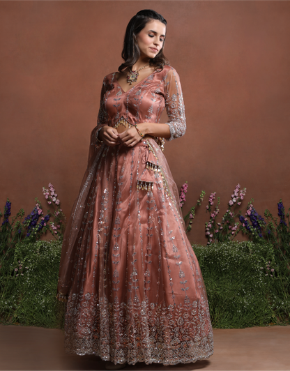 Dusty Rose Sparkle Embroidered Net Lehenga