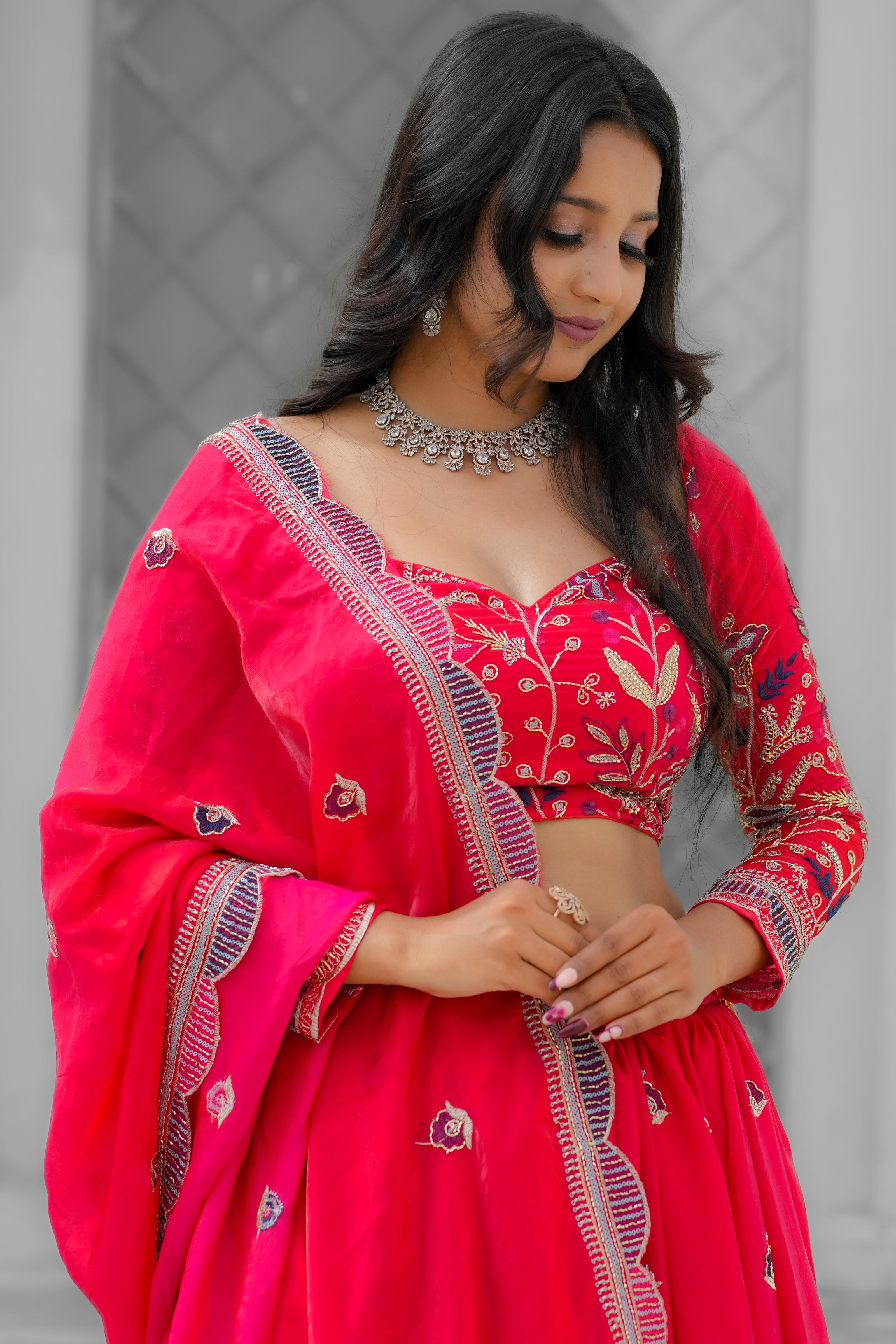 Red Hand Embroidered Silk Lehenga