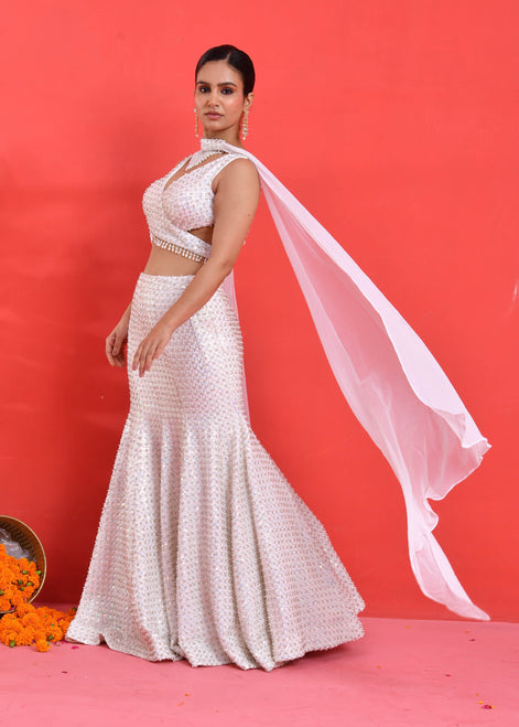 Ivory Hand-Embroidered Georgette Fishcut Lehenga