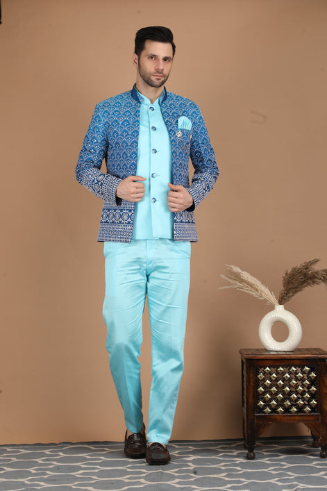 Blue and Aqua Blue Silk Indo-Western Suit