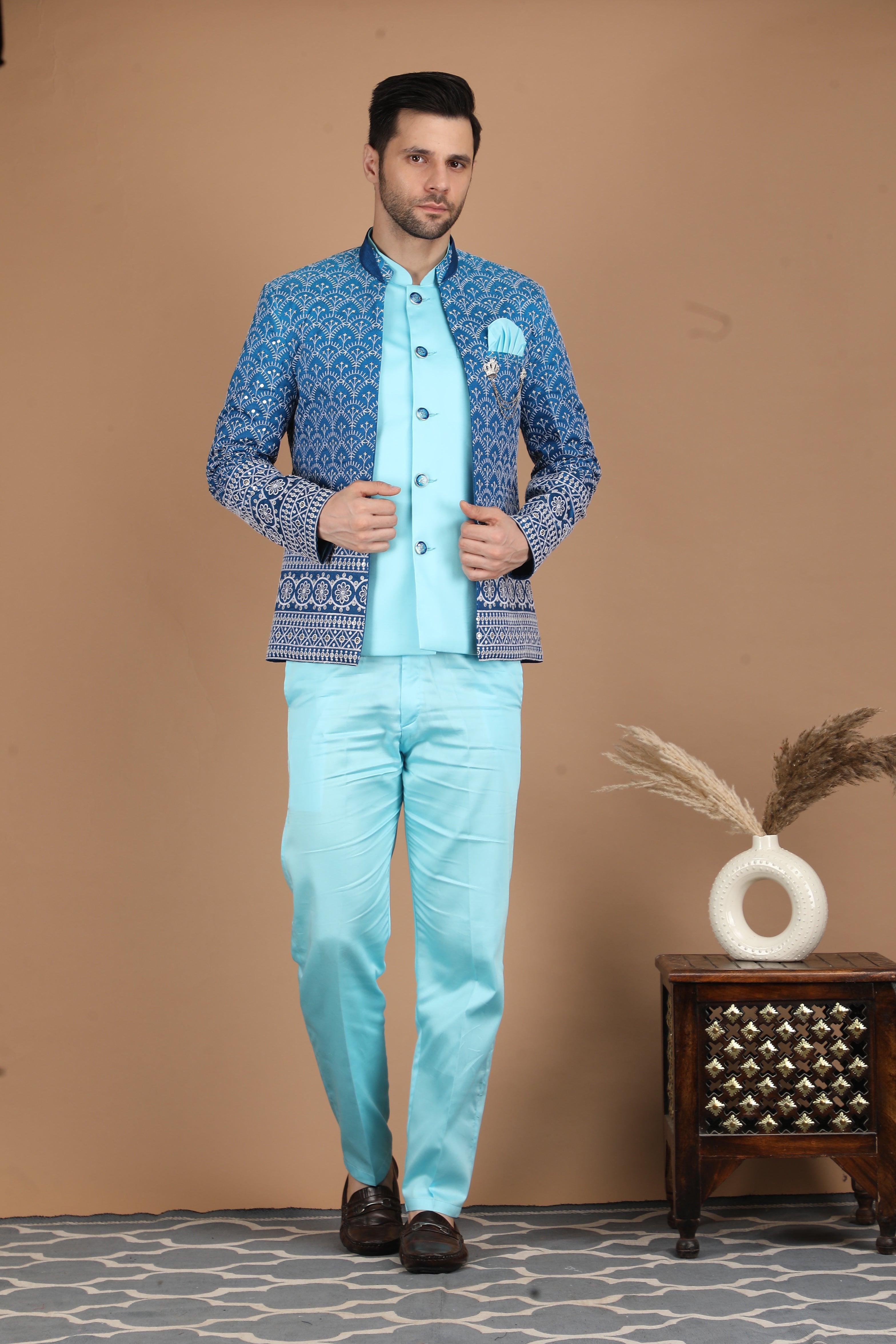 Blue and Aqua Blue Silk Indo-Western Suit