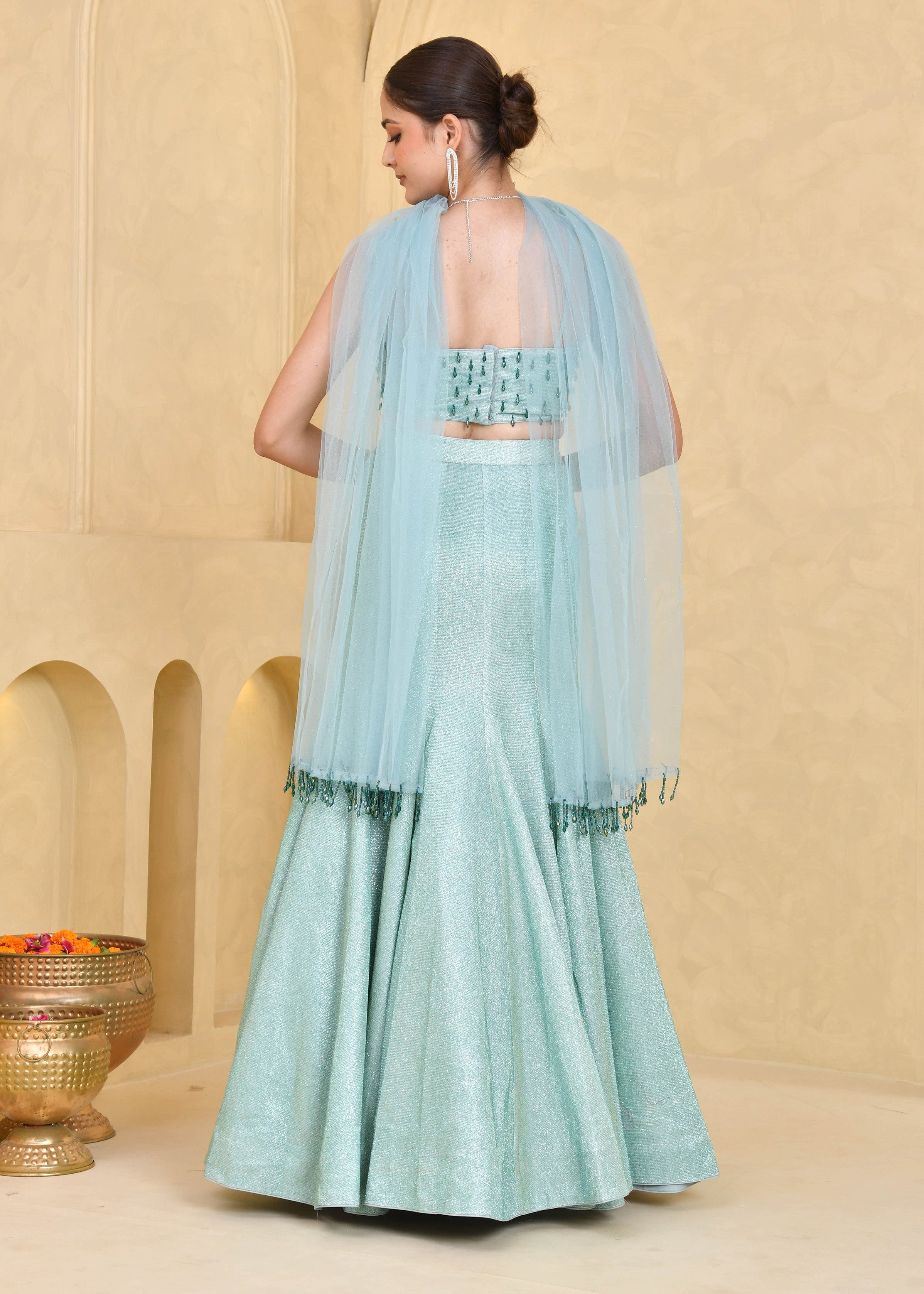 Mint Green Hand-Embroidered Shimmer Lycra Fishcut Lehenga