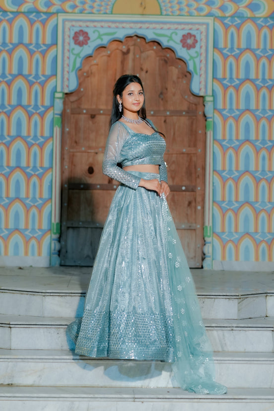 Light Blue Embroidered Chiffon Lehenga