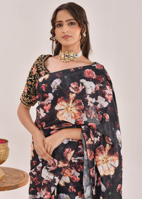 Black Floral Printed Hand-Embroidered Chiffon Saree